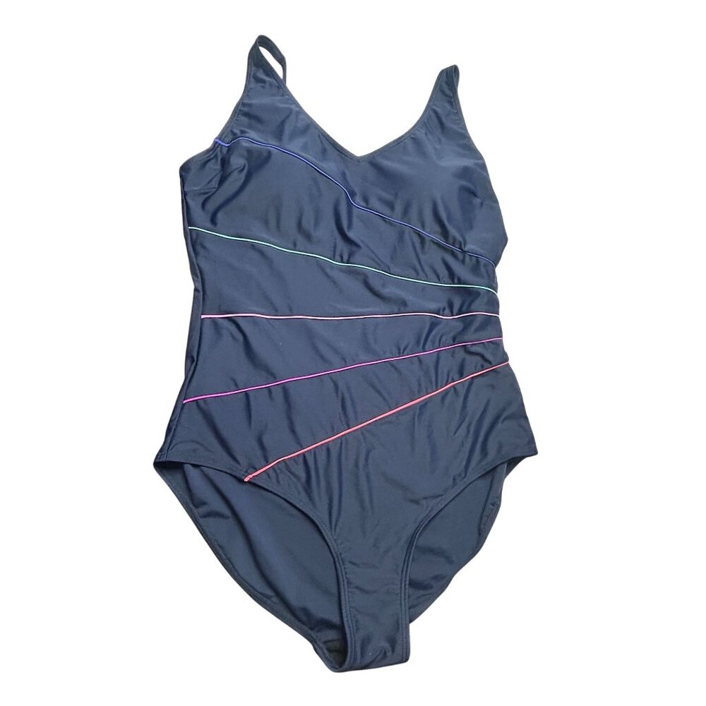 Navy Blue One-Piece Bathing Swimsuit Color Pinstripes Size XXL Adjustable Straps